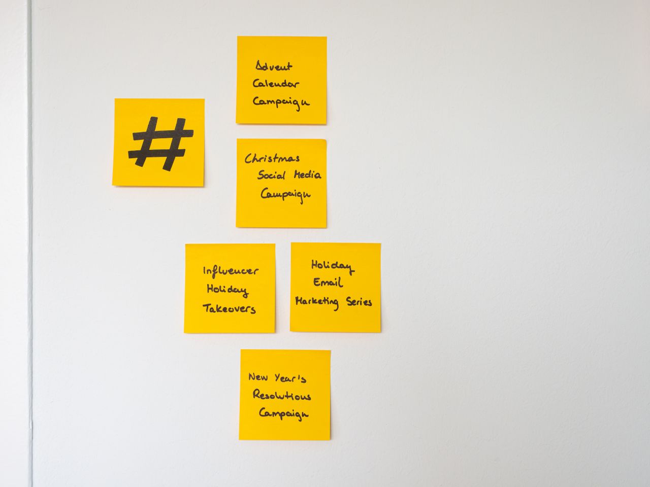 Des notes adhésives jaunes bien ordonnées sur un mur blanc pour des stratégies marketing de fin d’année.